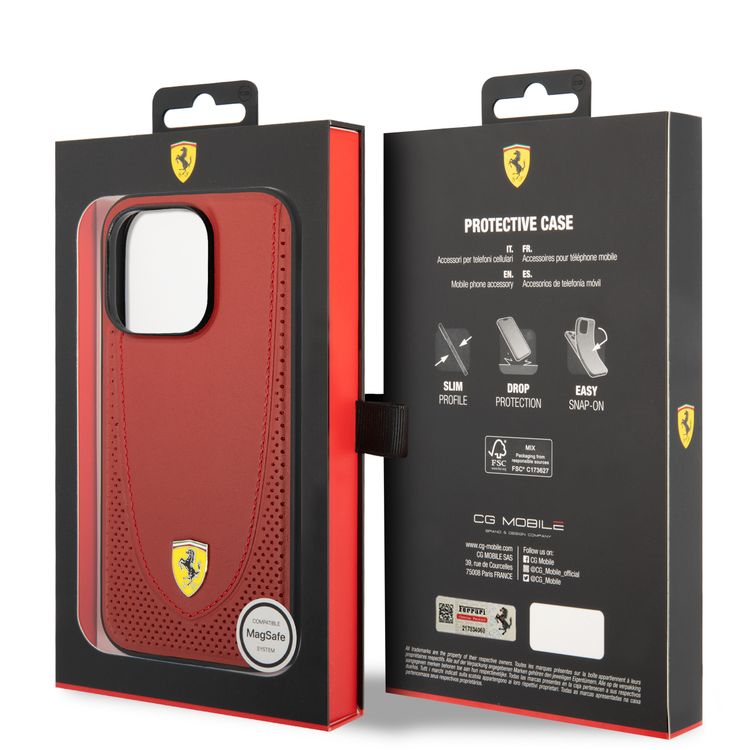 CG Ferrari Magsafe Compatibility Genuine Leather Hard Case with Curved Line Stitched iPhone 14 Pro Compatibility - Red