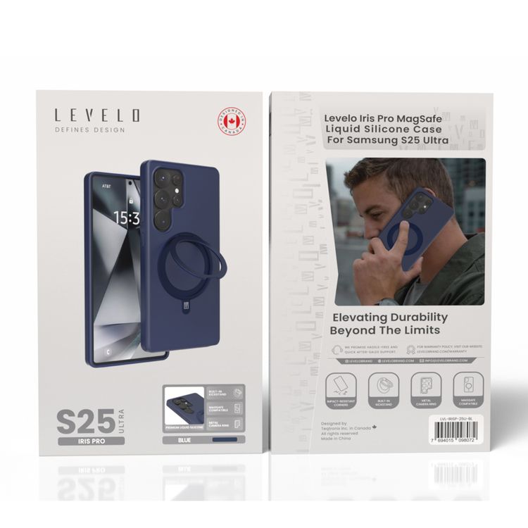 حافظة Levelo Iris Pro من السيليكون السائل متوافقة مع Magsafe لهاتف Samsung Galaxy S25 Ultra، مسند مدمج، سيليكون سائل ممتاز، زوايا مقاومة للصدمات - أزرق