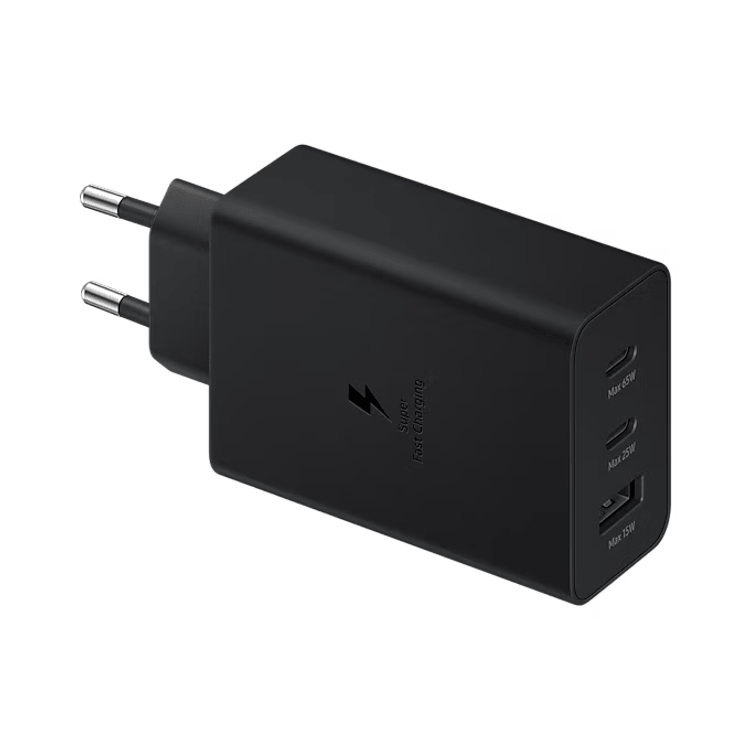 Samsung Trio 65W Travel Charger, 2 USB-C & 1 USB-A, Super Fast Charging (SFC) 2.0, 100-240 V Input Voltage, Multi-Device Charging, Safe Protection Methods - Black 