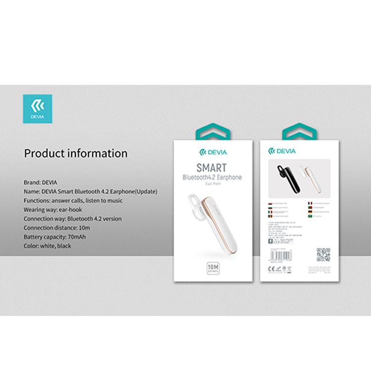 Devia Wireless Earphone Smart Bluetooth 4.2, Astonishing Audio & Microphones - White