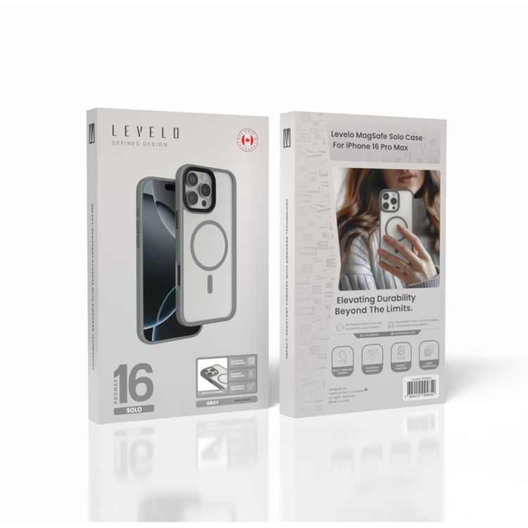 حافظة Levelo MagSafe Solo لهاتف iPhone 16 Pro Max، تقنية Clearview، مقاومة للخدش 3H، هيكل هجين - رمادي 