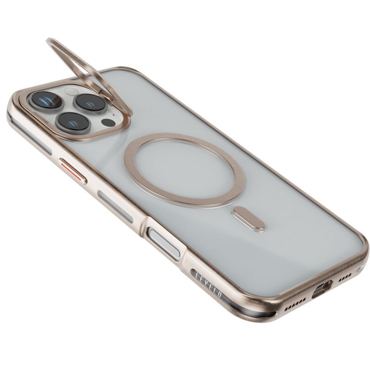Levelo Elio PC Case with Camera Ring Stand for iPhone 16 Pro Max, Built-in Kickstand, MagSafe Compatible - Rose Gold Titanium