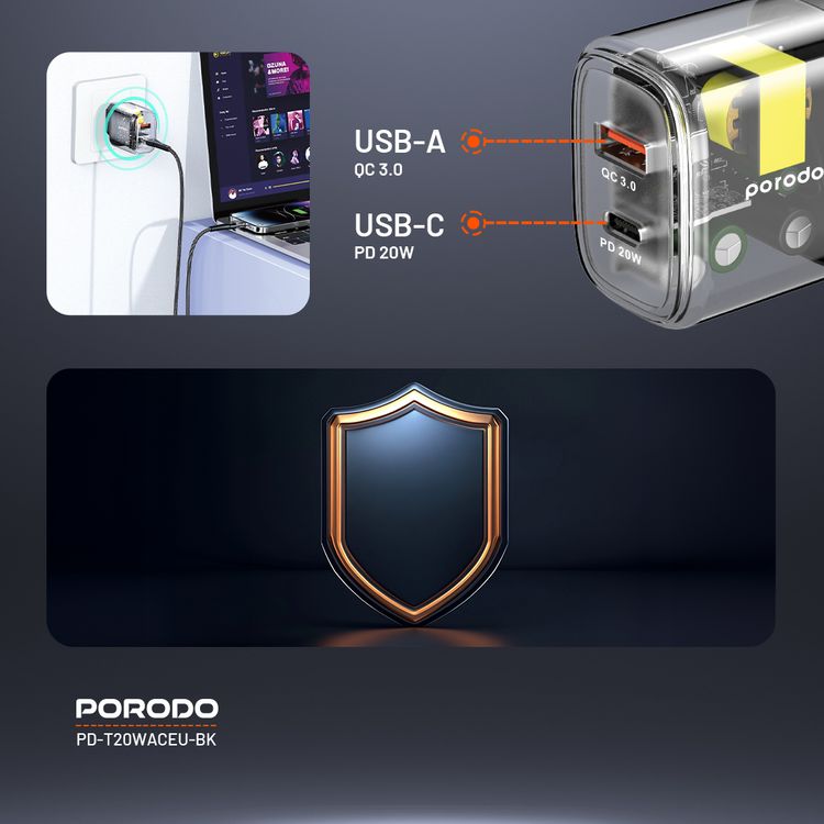 Porodo شاحن شفاف سريع ثنائي المخرج USB-C PD و USB-A QC EU - شفاف