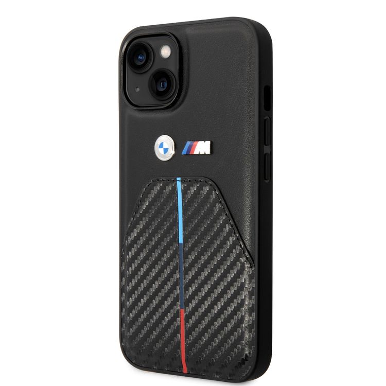 BMW M Collection Quilted PU Carbon Case with Hot Stamped Tricolor Stripe & Metal Logos iPhone 14 Compatibility - Black