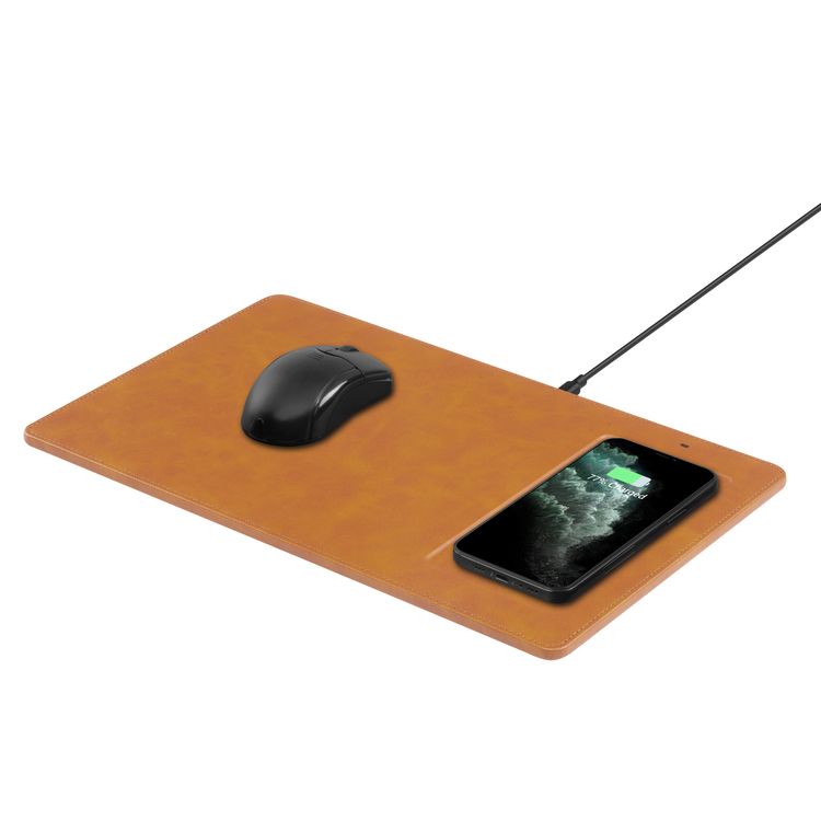 Powerology PU Leather Qi Wireless Charging Mouse Pad 10W, Case-Friendly, Fast Wireless Charging Mouse Mat Compatible for 12/12 Pro/12 Pro Max/11/11 Pro/11 Pro Max, Samsung Galaxy S10/S9/S8/Note 10 - Cognac