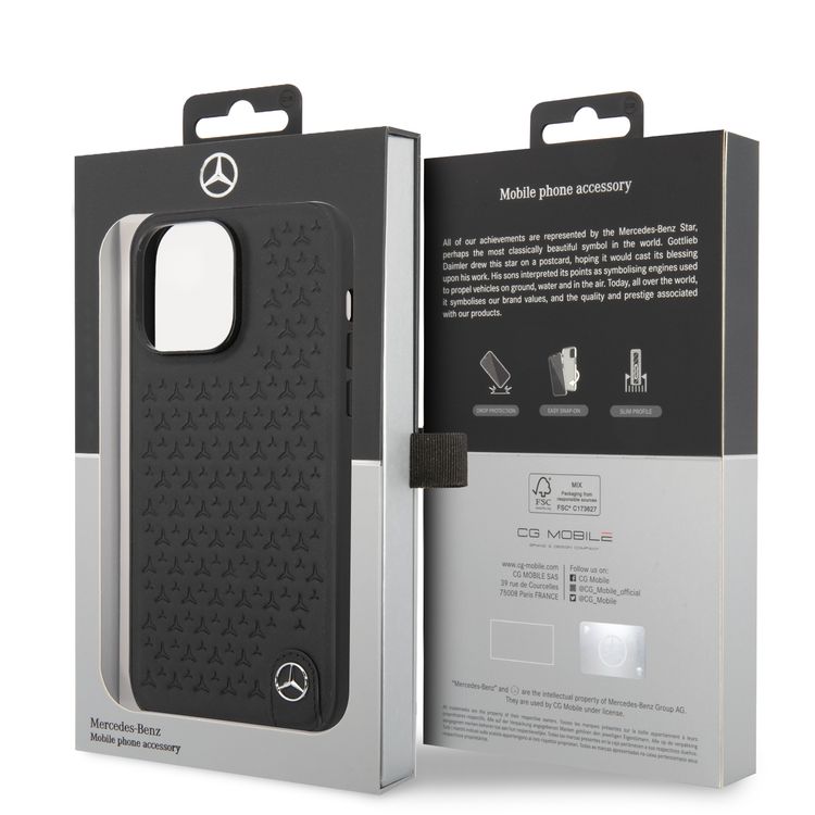 CG MOBILE Mercedes-Benz Genuine Leather Case With Star Pattern, Compatible w/ 14 Pro Max (6.7") Protective Cover, Scratch & Drop Protection, Wireless Charger Compatibility - Black