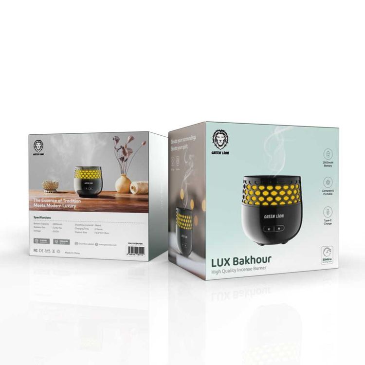 مبخرة بخور لوكس من جرين ليون، 2500 مللي أمبير، مدمجة ومحمولة، شحن من النوع C، وقت عمل 30 دقيقة، ضوء LED، مروحة توربو، وقت الشحن 2 ساعة - أسود