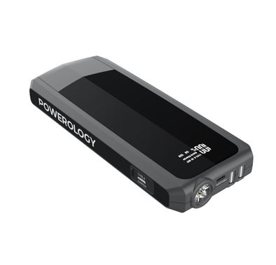 Powerology 16000mAh Power Bank PD 18W QC3.0 with Emergency 12V Jump Starter, 3H Charging Time, USB-C & USB-A Output, Fast Charging, LED Flashlight, LCD Display, Portable  -  Black
