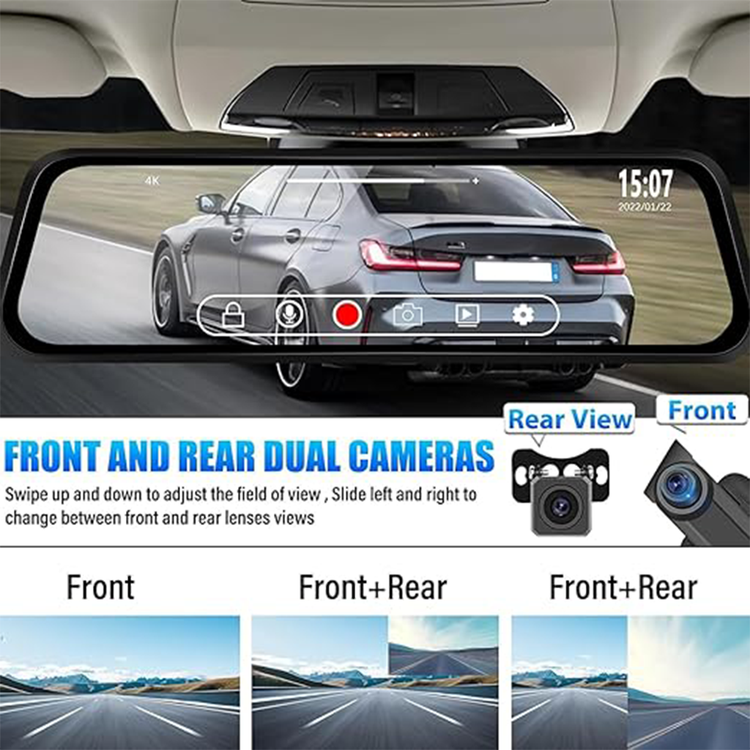 كاميرا مرآة الرؤية الخلفية الذكية ROADPOWER 4K مقاس 10 بوصات، وكاميرا أمامية للوحة القيادة، وشاشة تعمل باللمس، وكاميرا احتياطية، وشاشة مراقبة وقوف السيارات