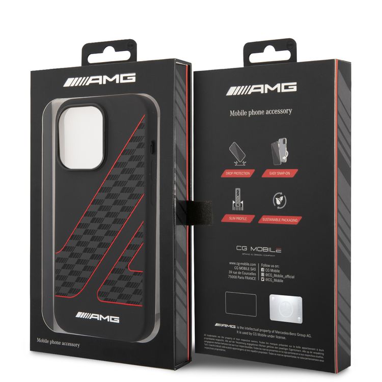 جراب AMG Magsafe متوافق مع طبقة مزدوجة ونمط علم مربعات وغطاء صلب شفاف متوافق مع iPhone 14 Pro Max - أسود/أحمر
