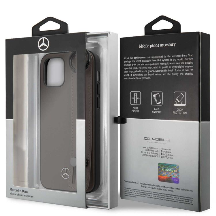 CG Mobile Mercedes-Benz Leather Case Hand Strap Compatible for iPhone 12 / 12 Pro (6.1") Shock & Scratch Resistant, Easy Access to All Ports, Drop Protection  - Brown