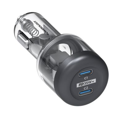 Powerology Dual Type-C Output Ultra-Quick Crystalline Series Car Charger, 35W PD, Built-in Safety Guards - Transparent/Gray