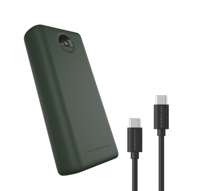 Powerology Quick Charge Power Bank 30000mAh PD 45W with Type-C to Type-C Cable 0.9m, Super Compact, USB-C Input & Output, 2 USB-A Output, Fast Charging, Digital Display Indicator - Green