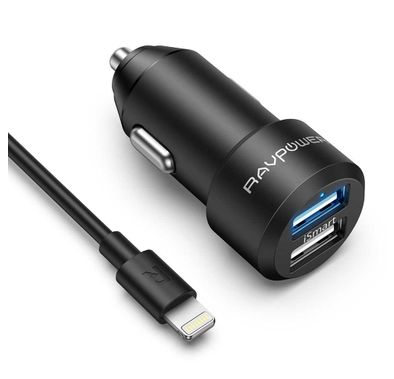 RAVPower 2-Pack Dual USB Ports Car Charger Combo 24W w/ 1M Cable Compatible for iPhone Lightning Devices - Compact Car Power Adapter - iSmart Fast Charging Technology - Black