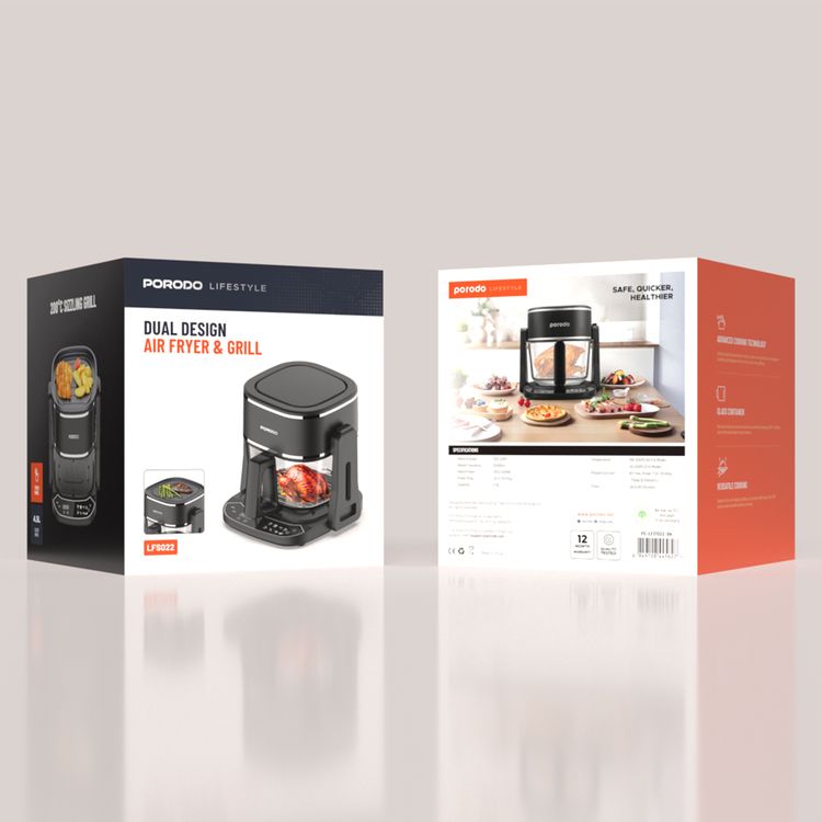 Porodo Lifestyle Dual Design Air Fryer & Grill, Advanced Cooking Technology, Glass Container, UK 3-Pin Power Plug - Black 