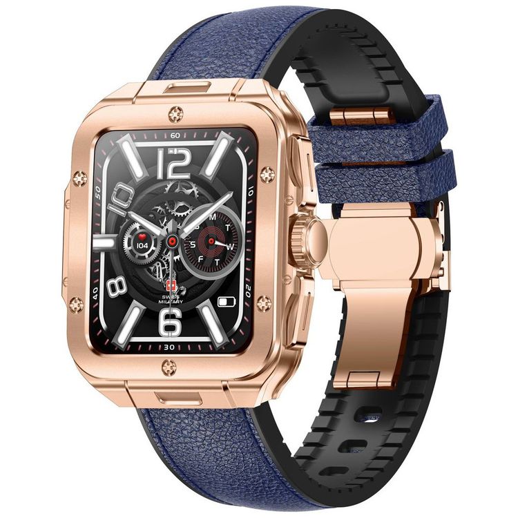 Swiss Military Alps 2, 1.85" HD Display, 4GB Built-in Memory, Workout Detection, Blood Pressure & Oxygen Level Monitoring, Make and Receive Calls - Rose Gold Frame and Blue Leather Strap
