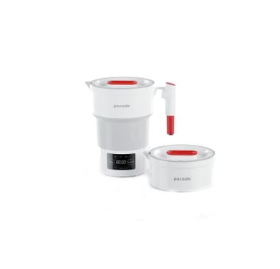 غلاية كهربائية محمولة قابلة للطي من بورودو لايف ستايل مع ضبط درجة الحرارة، سعة مياه 600 مل، شاشة رقمية، سيليكون عالي الجودة - أبيض