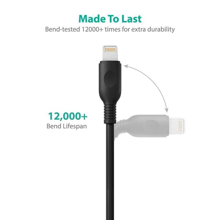 RAVPower 2 Pack Cable Compatible for iPhone Lightning Devices - Soft & Fire-Resistant TPE Connector - Fast Charging Cord - Long Lasting Durable Cable - Black