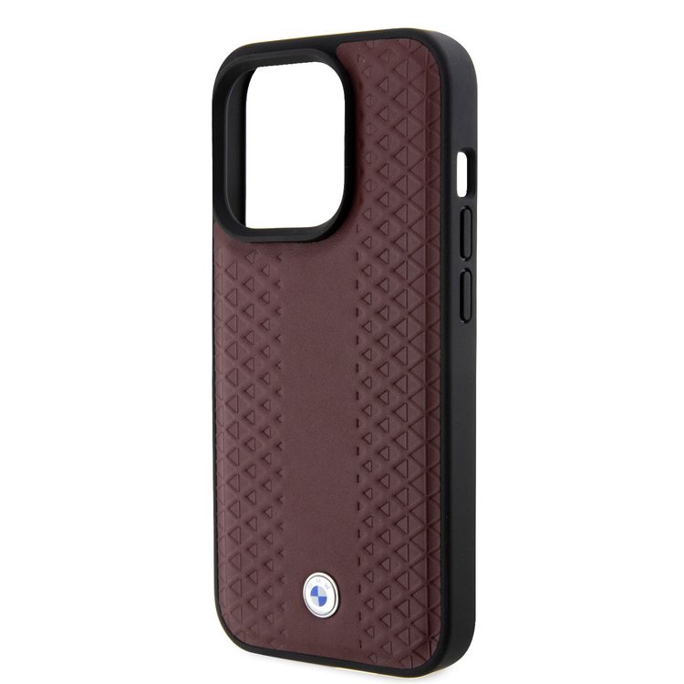 BMW Leather Case with Sign Diamond Pattern for iPhone 15 Pro  - Burgundy