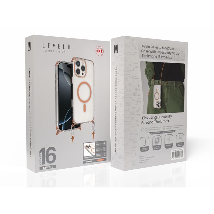 Levelo Celeste MagSafe Case with Crossbody Strap for iPhone 16 Pro Max, AirGuard Technology, Metal Hook, Durable Material - Orange