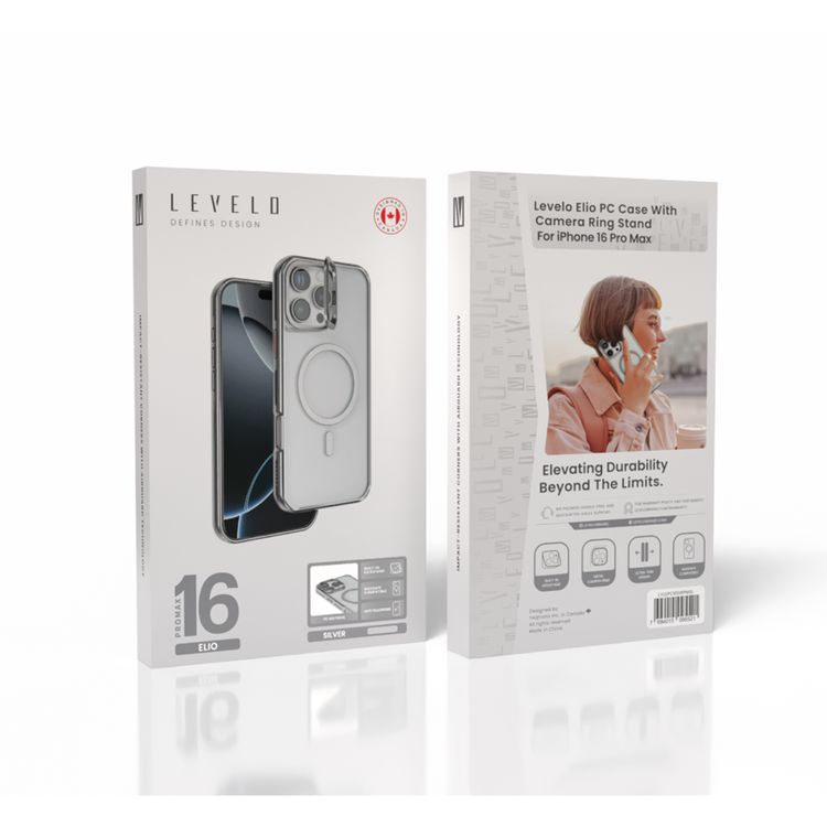كفر حمية Levelo Elio PC مع حامل حلقي للكاميرا لهاتف iPhone 16 Pro Max، حامل مدمج، متوافق مع MagSafe - فضي 