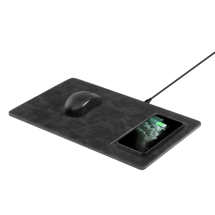 Powerology PU Leather Qi Wireless Charging Mouse Pad 10W, Case-Friendly, Fast Wireless Charging Mouse Mat Compatible for 12/12 Pro/12 Pro Max/11/11 Pro/11 Pro Max, Samsung Galaxy S10/S9/S8/Note 10 - Charcoal