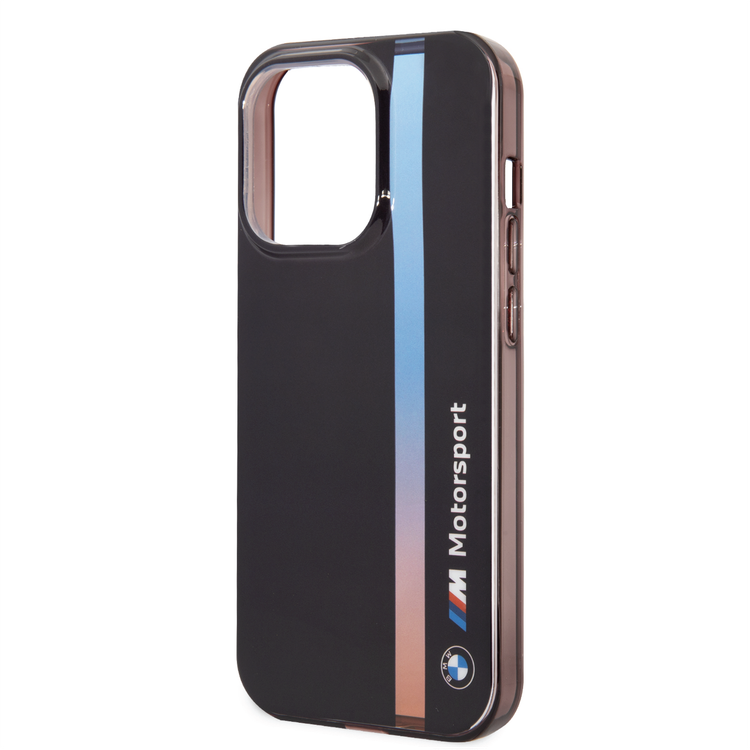 BMW Motorsport Collection PC/TPU IML Case with Printed Tricolor Fading Stripe iPhone 14 Pro Max Compatibility - Black