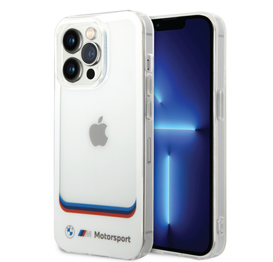 BMW Motorsport Collection PC/TPU IML Case Big Square Transparent and Printed Bottom Logo iPhone 14 Pro Max Compatibility - White