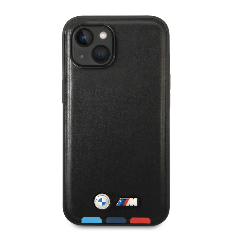 BMW M Collection PU Leather Case with Hot Stamped Tricolor Parts and Printed Logo iPhone 14 Compatibility - Black