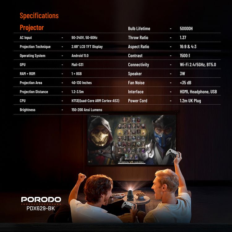 Porodo Gaming 4K Projector with Auto Keystone and Gamepad Controller, Android 11.0 Operating System, Wi-Fi 2.4/5 GHz and BT 5.0 Connectivity, English + 23 Languages - Black