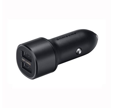 شاحن سيارة سامسونج بمنافذ يو اس بي أ المزدوجة 15 وات مع كابل كومبو ومنفذ شحن سريع ومحول طاقة صغير الحجم للسيارة مع مؤشر ضوء أزرق ليد - أسود