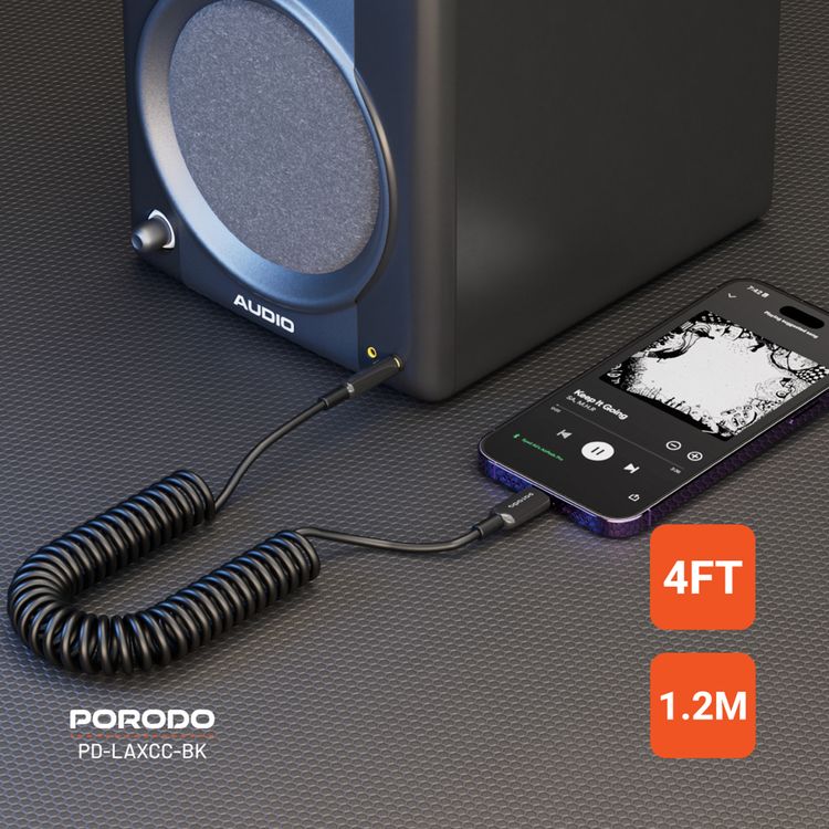 Porodo 3.5mm Lightning AUX Coiled Audio Cable Convenient Tangle-Free Design 1.2m/4ft, Lightning to AUX, Universal Compatibility, Auto Retractable - Black