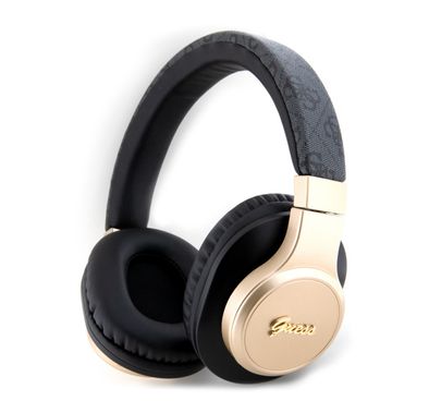 سماعة رأس بلوتوث من Guess، جلد 4G، مع شعار معدني نصي - أسود - فوق الأذن