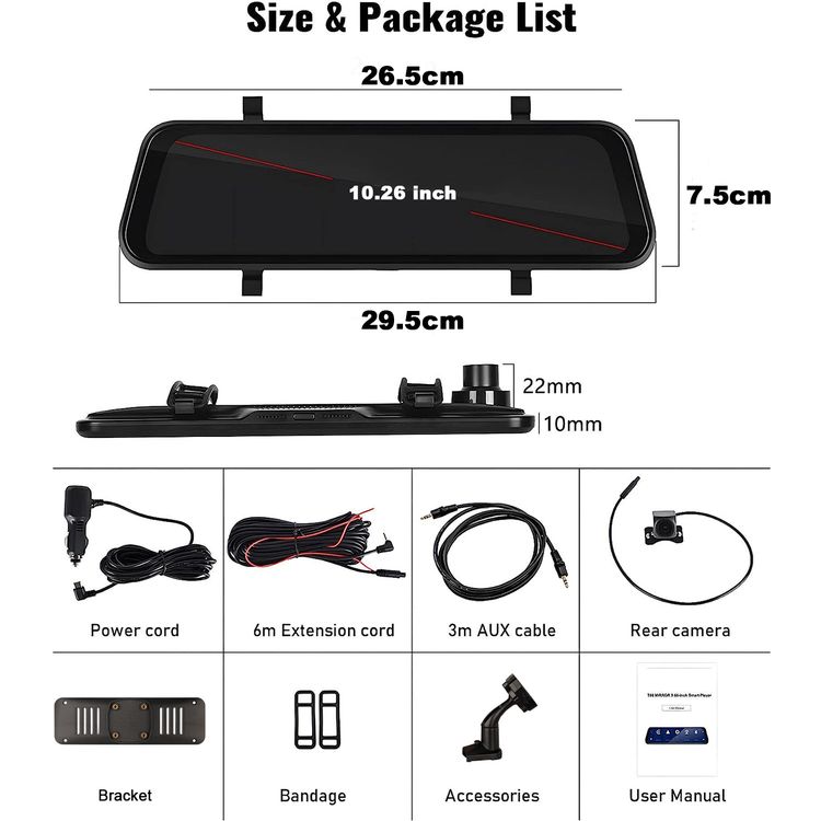 مسجل مرآة الرؤية الخلفية عالي الدقة من CLAYTON Round HD، وCarplay اللاسلكي وAndroid Auto