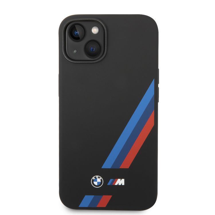 BMW M Collection Liquid Silicone Case with Slanted Tricolor Stripes PU iPhone 14 Plus Compatibility - Black