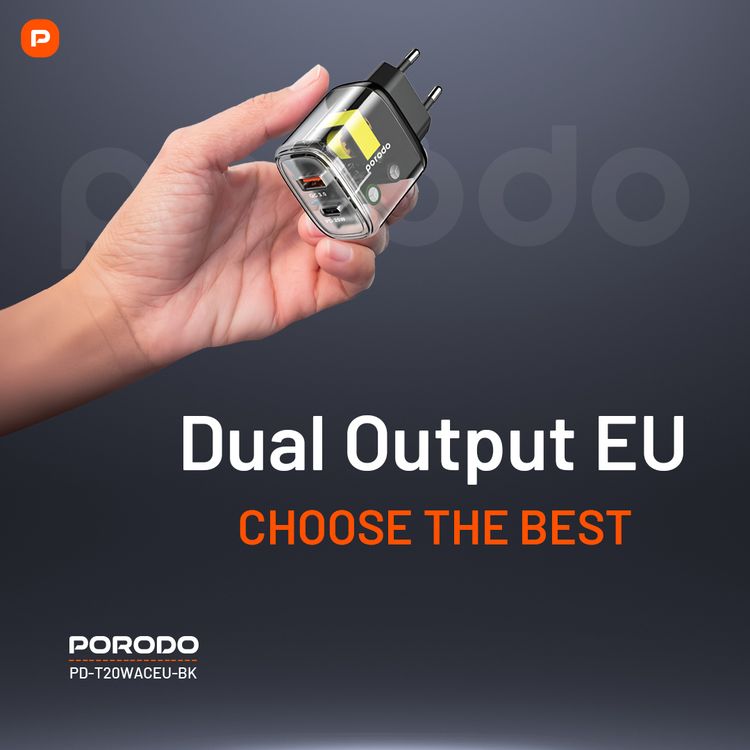 Porodo شاحن شفاف سريع ثنائي المخرج USB-C PD و USB-A QC EU - شفاف