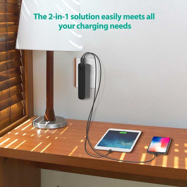 RAVPower 2-in-1 Savior Series 10000mAh Portable Charger Power Bank with AC Plug - Built-in Wall Charger - EU & UK Adapter Interchangeable - Travel-friendly Powerbank - Black