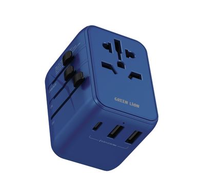Green Lion 12W Universal Travel Adapter, Short Circuit Protection, UK, AU, EU and US Pin, Super Compact & Travel Friendly - Blue 