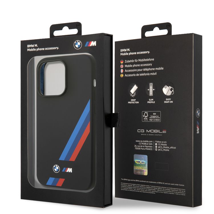 BMW M Collection Magsafe Compatibility Liquid Silicone Case Slanted Tricolor Stripes iPhone 14 Plus Compatibility - Black