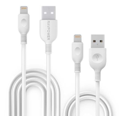 RAVPower 2 Pack Cable Compatible for iPhone Lightning Devices - Soft & Fire-Resistant TPE Connector - Fast Charging Cord - Long Lasting Durable Cable - White