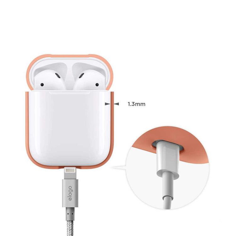 حافظة Elago Airpods من السيليكون متوافقة مع نوع Lightning، حماية إضافية، مرنة، مناسبة تمامًا، مقاومة للصدمات الخارجية، مقاومة للخدش، تصميم مفصل مصقول - خوخي