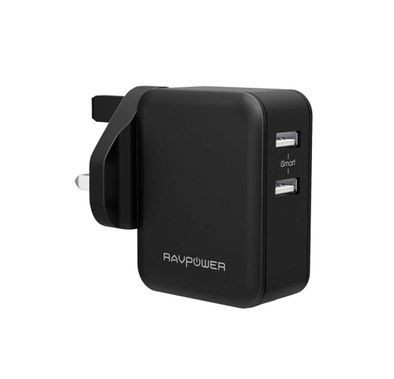 RAVPower 24W 4.8A Dual USB Wall Charger UK with iSmart Technology & LED Indicator - Portable Power Adapter w/ High-temperature & Over-charging Protection - Compact Design - Black
