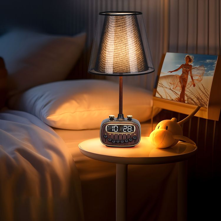 مصباح مكتبي ريترو من بورودو مع ضوضاء بيضاء ومكبر صوت بتقنية البلوتوث ووظيفة التنبيه والغفوة و3 مستويات سطوع (منخفضة ومتوسطة وعالية) وشحن لاسلكي مزدوج وشاشة رقمية عالية الدقة - أسود 