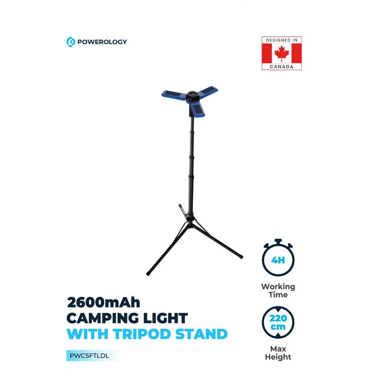 Powerology 2600mAh Camping Light with Tripod Stand, Built-in Solar Panels, 16 Hours Working Time, 5 Hours Charging Time, 180° Magnetic Head Lamp, 3 Light Modes, IPX4 - Black  