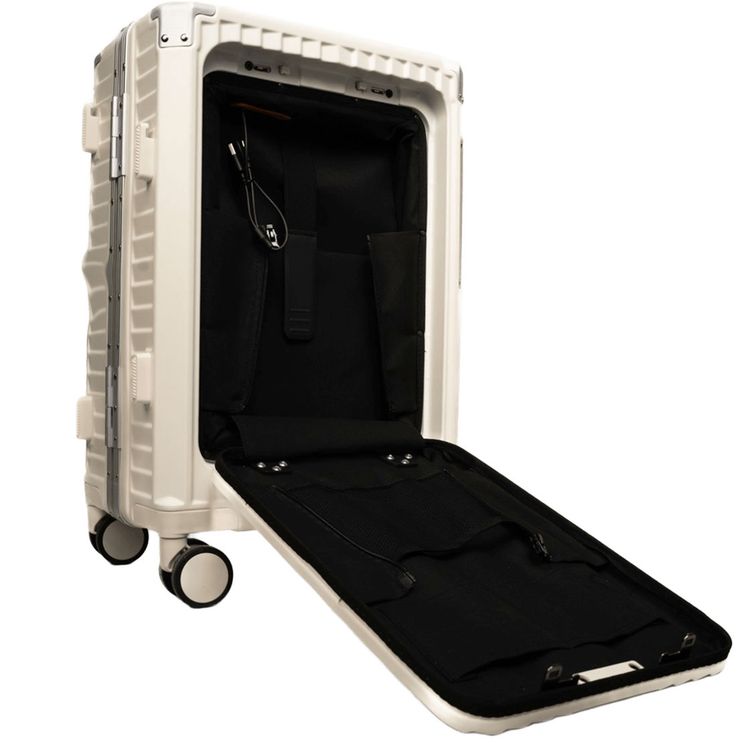 حقيبة سفر Levelo RoamRollers، هيكل من الألومنيوم، مخرج USB-A وUSB-C، حماية للزوايا المعدنية، جيب أمامي متوافق مع كمبيوتر محمول يصل إلى 15.6 بوصة، حامل هاتف وحامل أكواب، عجلات دوارة صامتة - أبيض 