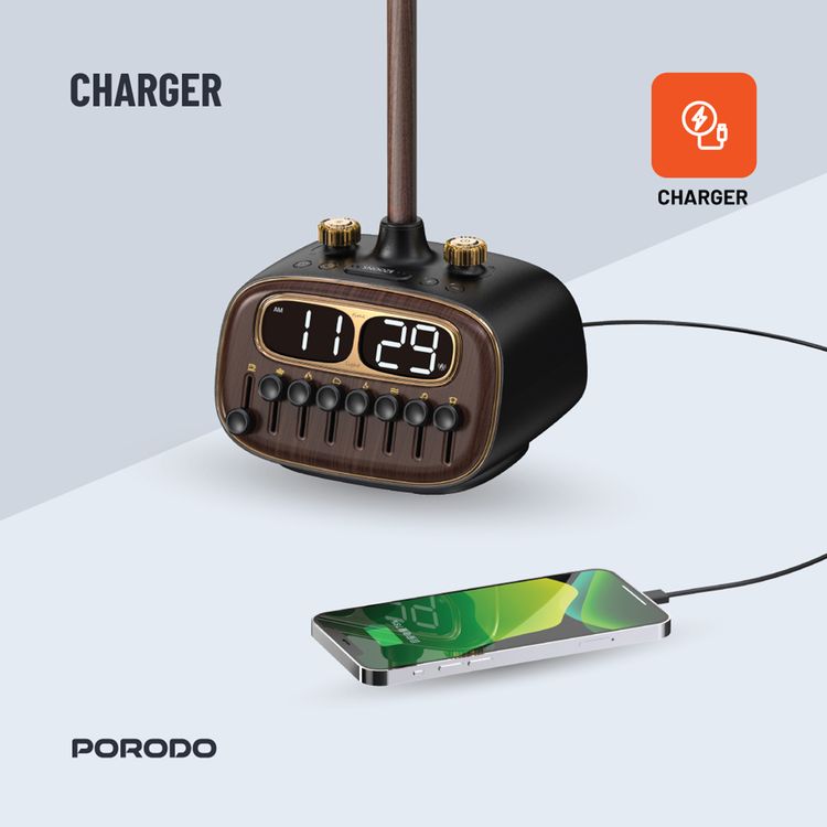 مصباح مكتبي ريترو من بورودو مع ضوضاء بيضاء ومكبر صوت بتقنية البلوتوث ووظيفة التنبيه والغفوة و3 مستويات سطوع (منخفضة ومتوسطة وعالية) وشحن لاسلكي مزدوج وشاشة رقمية عالية الدقة - أسود 