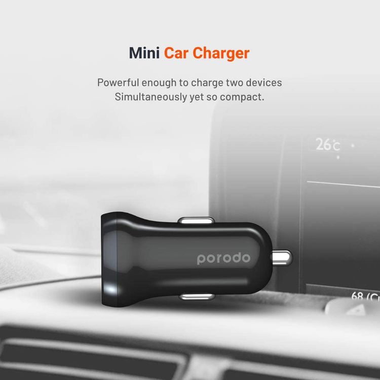  شاحن سيارة صغير مزدوج المنفذ من بورودو 2.4 أمبير ، محول سيارة نحيف ومضغوط مع مؤشر طاقة وشحن سريع ، توافق عالمي ، آمن وموثوق - أسود