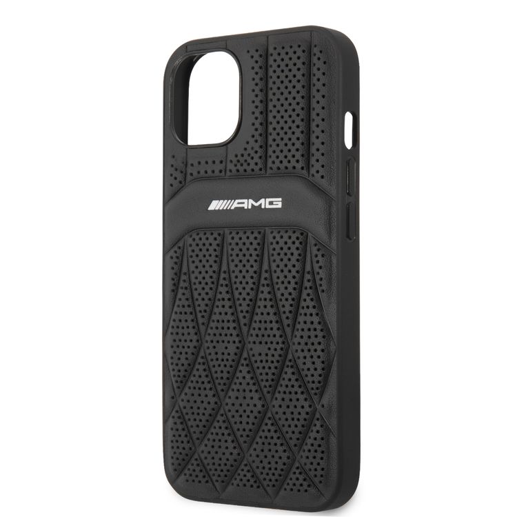 CG MOBILE AMG Genuine Leather Case With Perforated Black Leather Curved Lines Hot Stamped With Logo Compatible with iPhone 13 Pro Max (6.7") Easy Access to All Ports, Shock-Absorption, Anti-Scratch, & Drop Protection Back Cover Suitable with Wireless Charging Officially Licensed