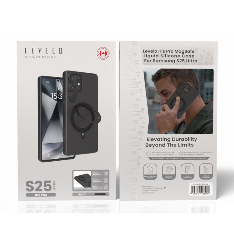 حافظة Levelo Iris Pro من السيليكون السائل متوافقة مع Magsafe لهاتف Samsung Galaxy S25 Ultra، مسند مدمج، سيليكون سائل ممتاز، زوايا مقاومة للصدمات - أسود