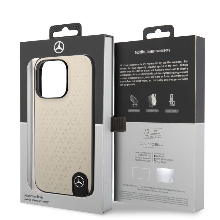 CG MOBILE Mercedes-Benz Genuine Leather Case With Star Pattern, Compatible w/ 14 Pro (6.1") Protective Cover, Scratch & Drop Protection, Wireless Charger Compatibility - Grey